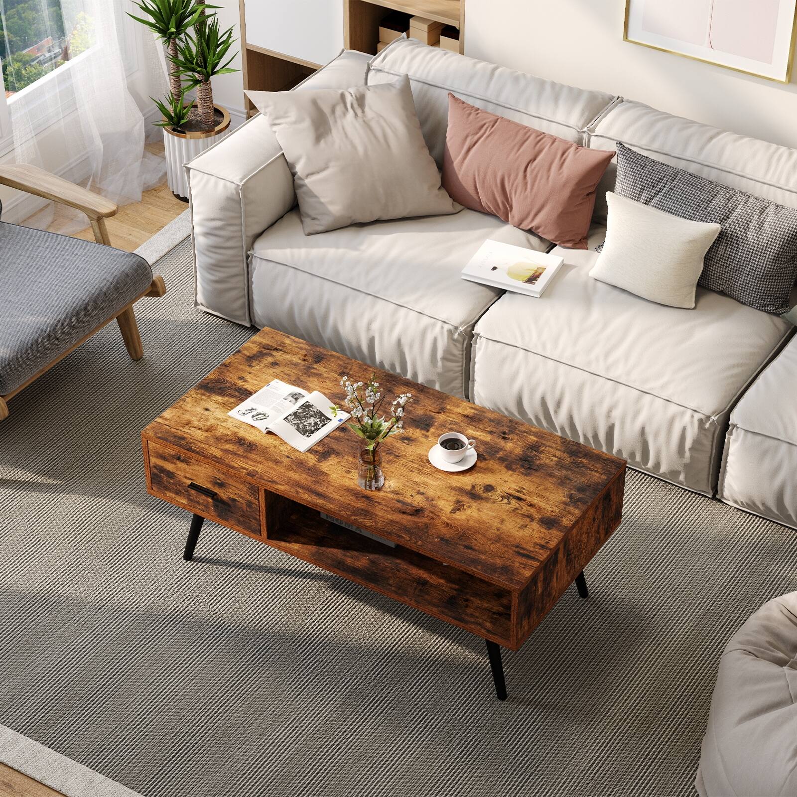 Alt View 4. SlickBlue - Vintage-Style Rectangular Coffee Table with Storage Drawer and Shelf - Rustic brown.