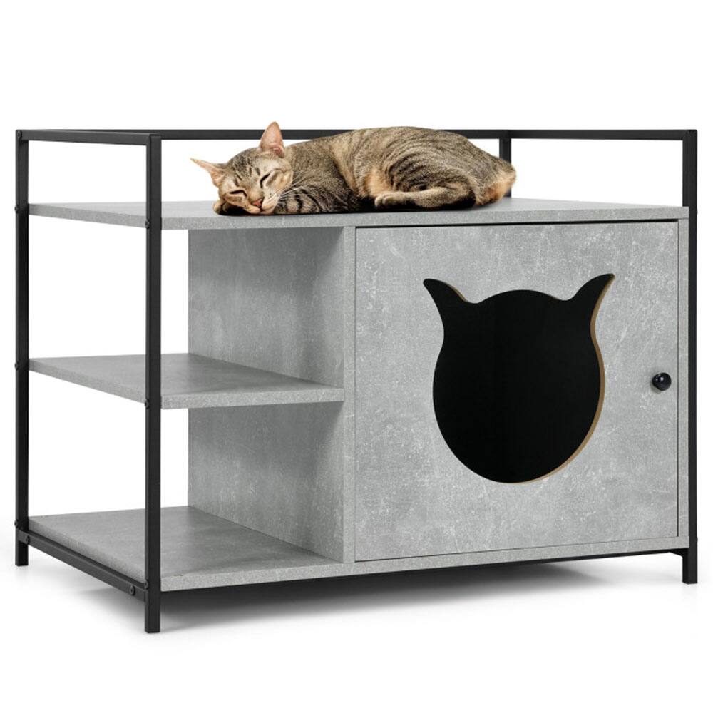Front. Pefilos - Enclosure Hidden Litter Furniture Cabinet with 2-Tier Storage Shelf-Gray, Cat Litter Box Enclosure , Hidden Cat Washroom - Gray.