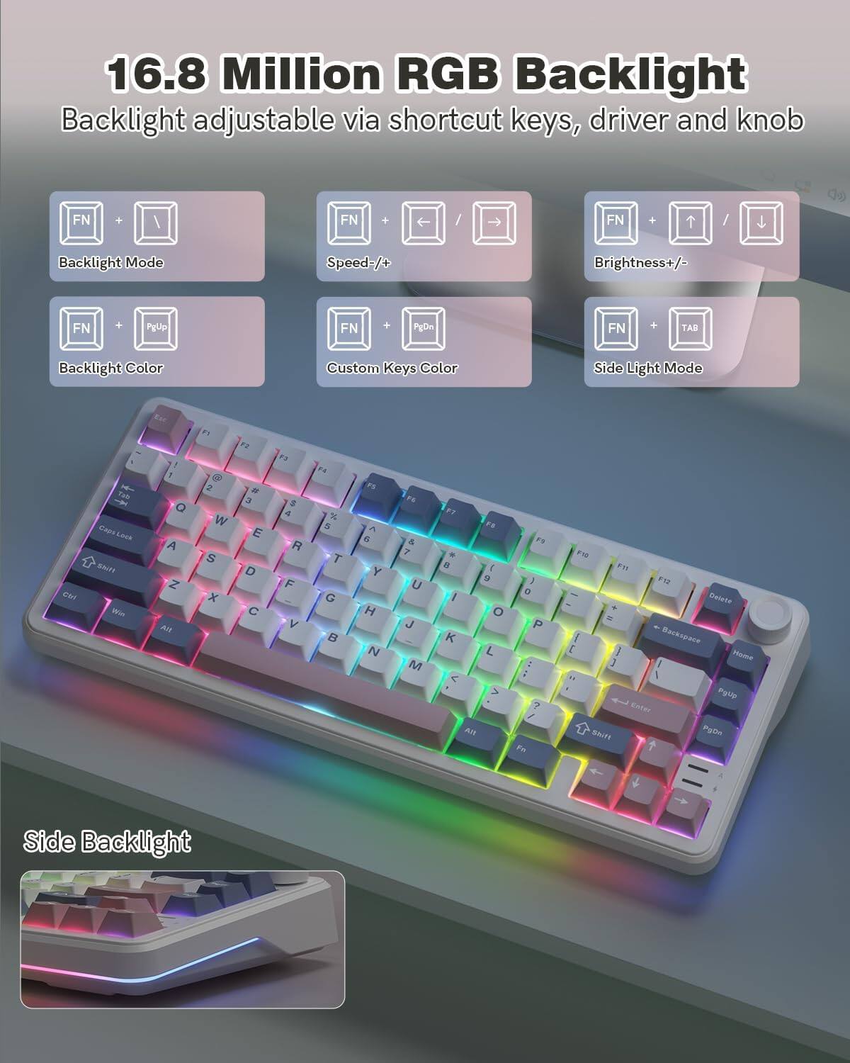 16.8 Million RGB Backlight  
Backlight adjustable via shortcut keys, driver and knob  

- FN + FN: Backlight Mode  
- FN + ←/→: Speed-/+  
- FN + ↑/↓: Brightness+/-  
- FN + PgUp: Backlight Color  
- FN + TAB: Custom Keys Color  
- FN + PgDn: Side Light Mode  

Side Backlight