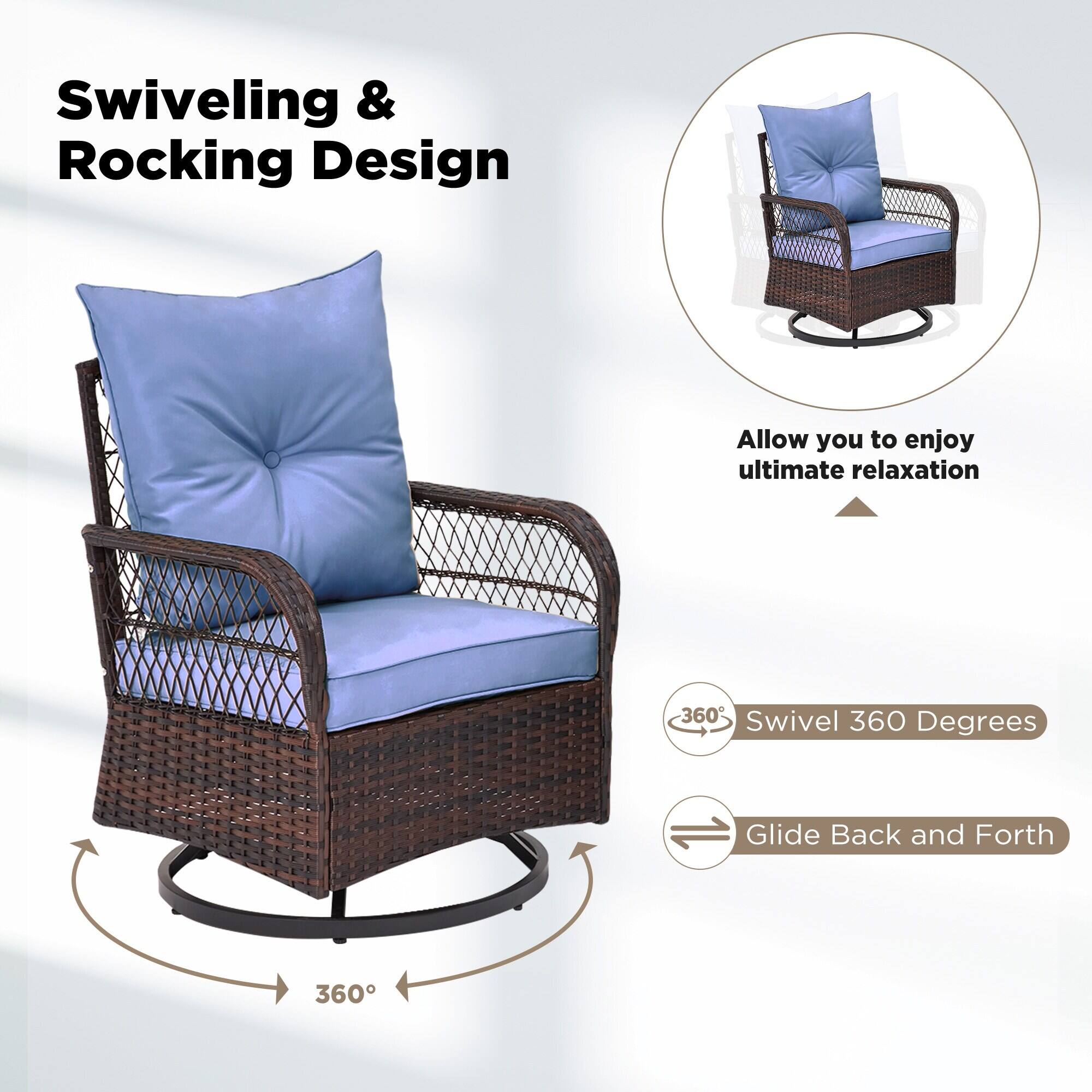 Swiveling & Rocking Design

Allow you to enjoy ultimate relaxation

360° Swivel 360 Degrees

Glide Back and Forth