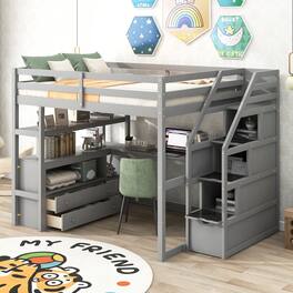 Tiramisubest - Full Size Gray Loft Bed with Desk, Shelves, 2 Drawers & Storage Staircase, Pine - Gray