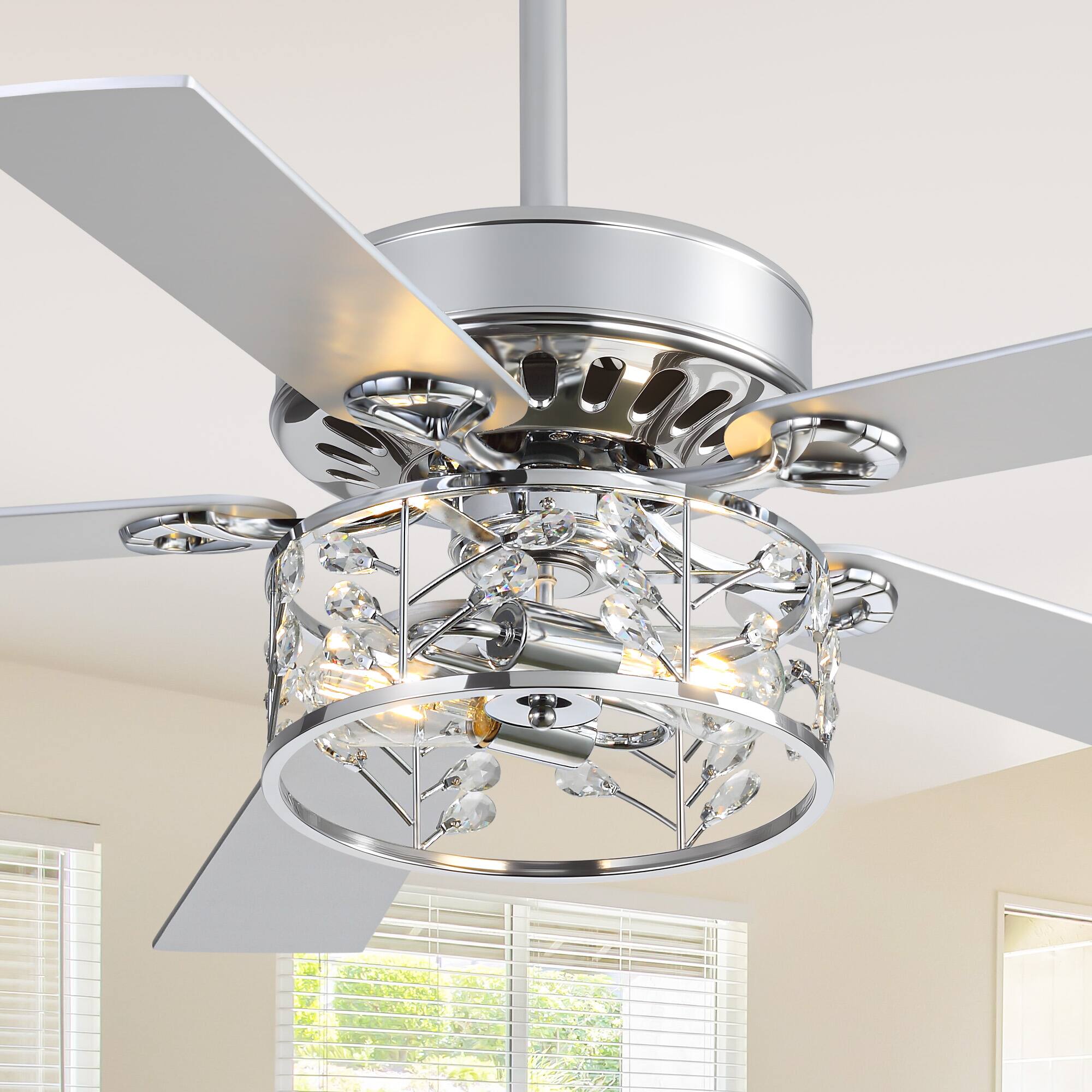 Left. Breezary - 52-Inch Ceiling Fan with Crystal Light, 5 Blades, DC Motor, Remote Control, 6 Speeds,  5"&10" Downrod Mount - 52-inch Chrome & Silver & Wood Grain.