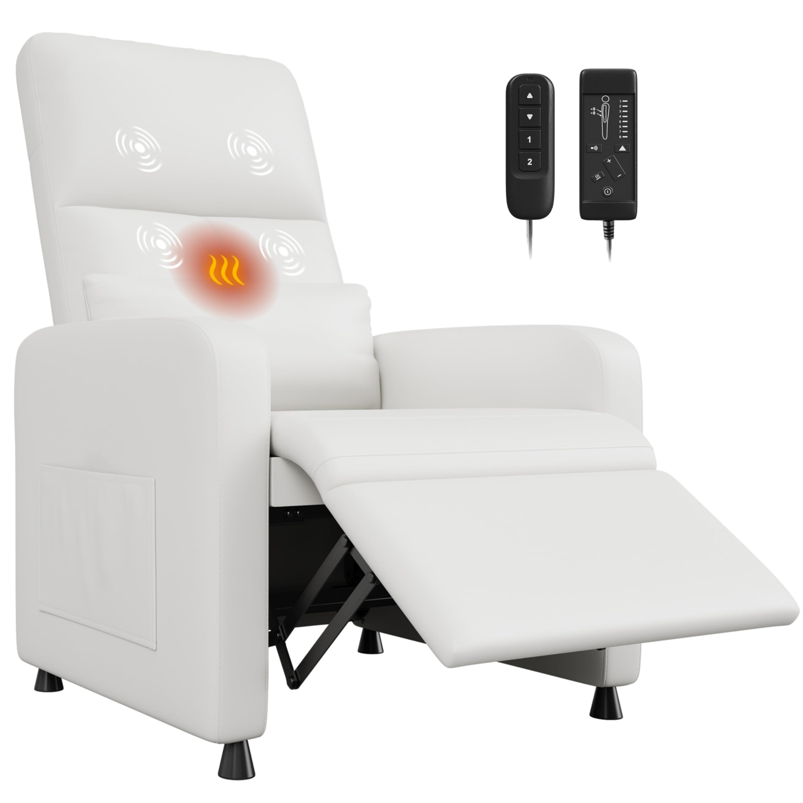 Front. Acekool - Power Recliner Chair with Massage & Heat, Adjustable PU Leather Sofa with Memory Remote, USB Port & Side Pockets - White.