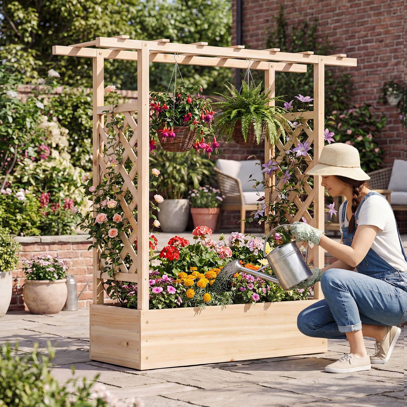 Alt View 4. Costway - Costway 1 PCS Wooden Raised Garden Bed with Trellis & Hanging Roof, Drainage Holes for Plants - Natural.