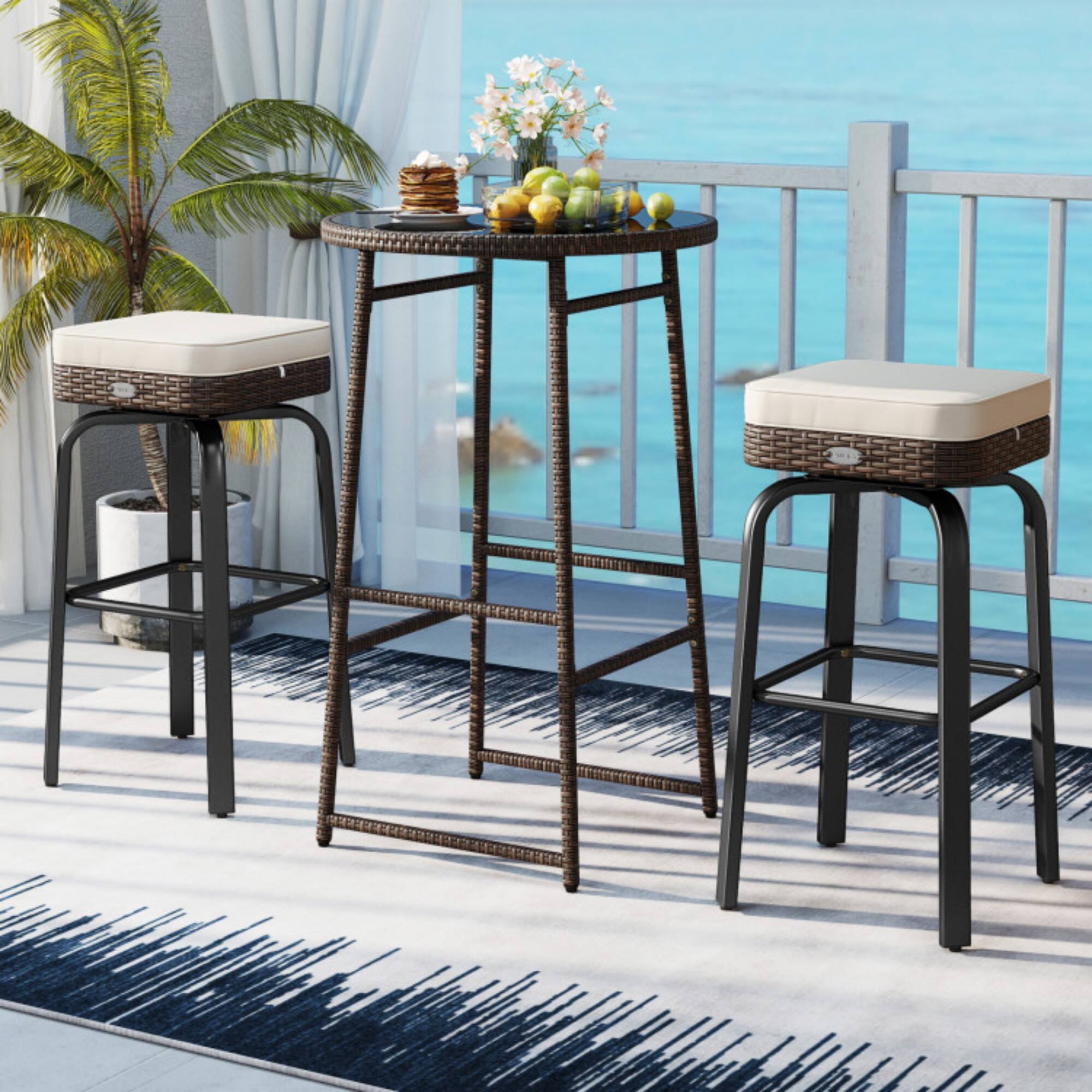 Alt View 1. Boyel Living - White 3Piece Rattan or Wicker Bar Set PE Rattan Wicker Material 360Degree Swivel Chairs for Outdoor Living Spaces - White.