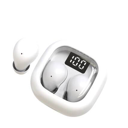 Front. PRIMEPLUS - Mini Space Capsule Earbuds, Bluetooth 5.3, 25H Total Battery, LED Display, Comfortable Side-Sleeping Fit - White.