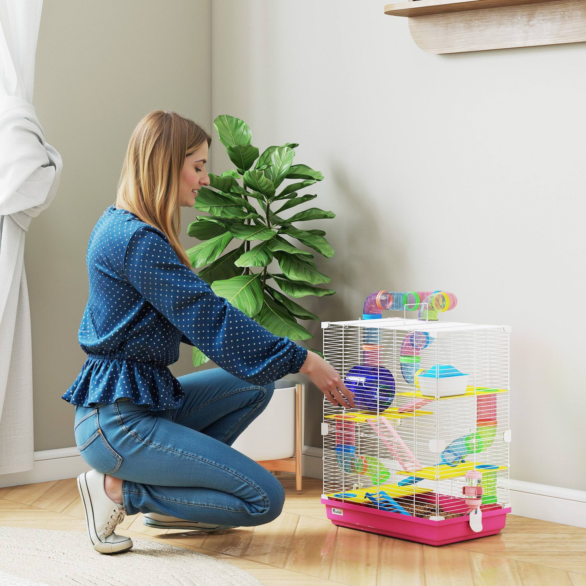 Alt View 8. Pawhut - Tiers Hamster Cage Portable Animal Travel Carrier w/ Exercise Wheels Tube - Pink.