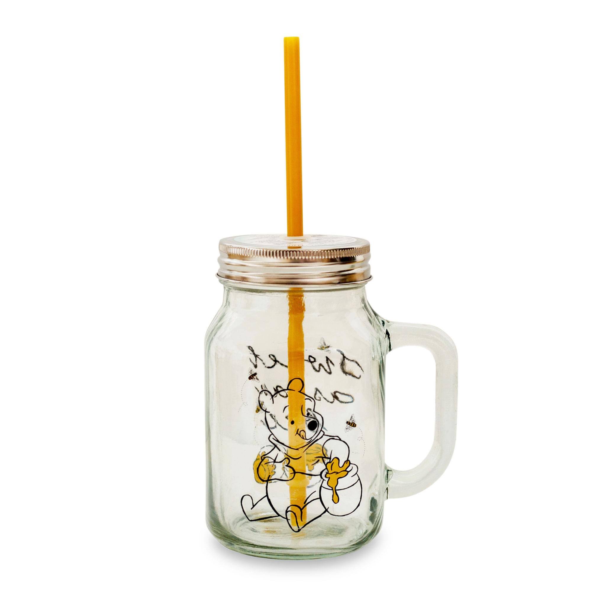 Front. Disney - Winnie the Pooh Sweet as Can Bee 21 Ounce Glass Mason Jar With Lid and Straw - Yellow.