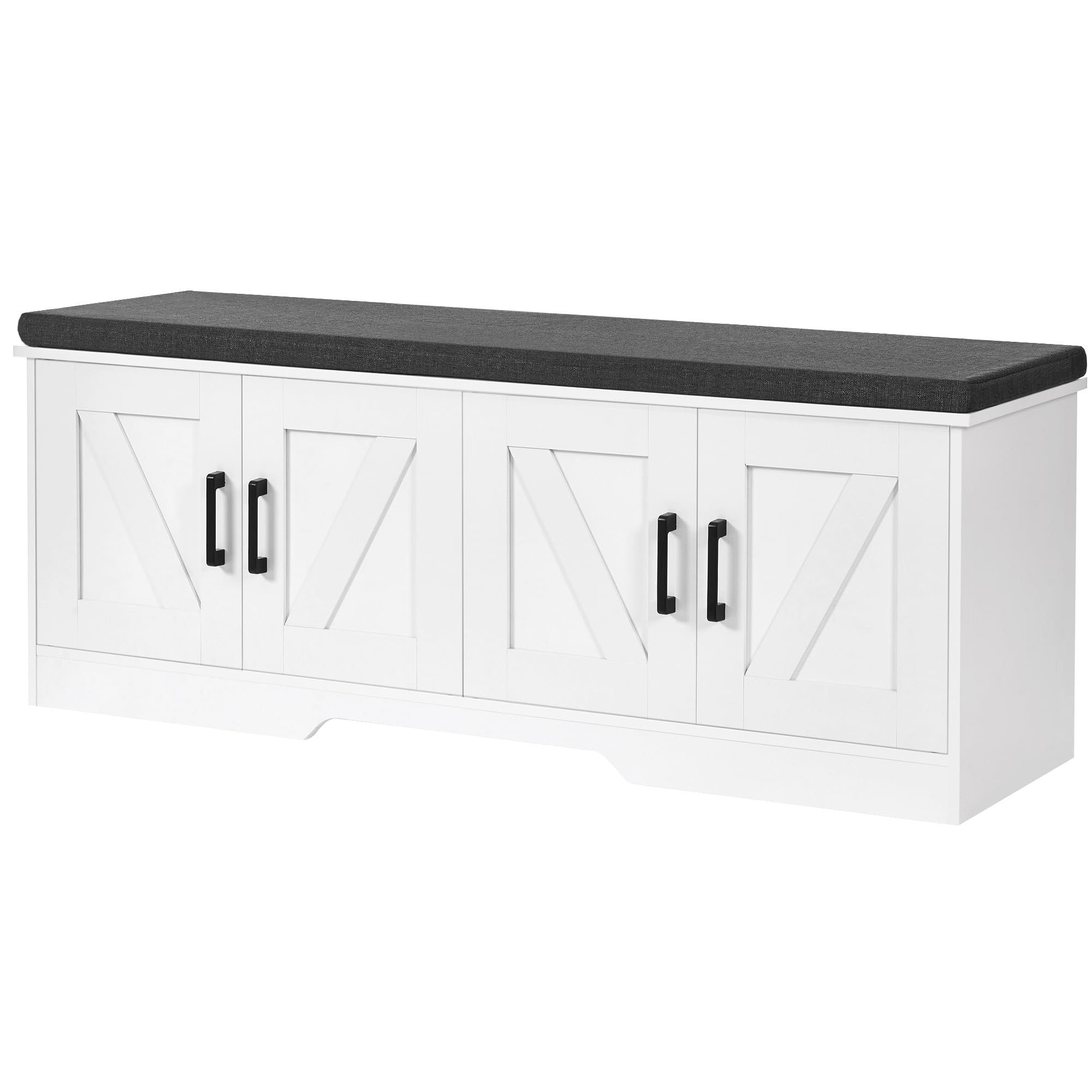 Front. Reds Spade - 2-Tier Storage Bench, 27.6 Wide Shoe Bench with Padded Seat Cushion, Entryway Bench with 2 Barn Doors and ... - White 47.2" Wide.