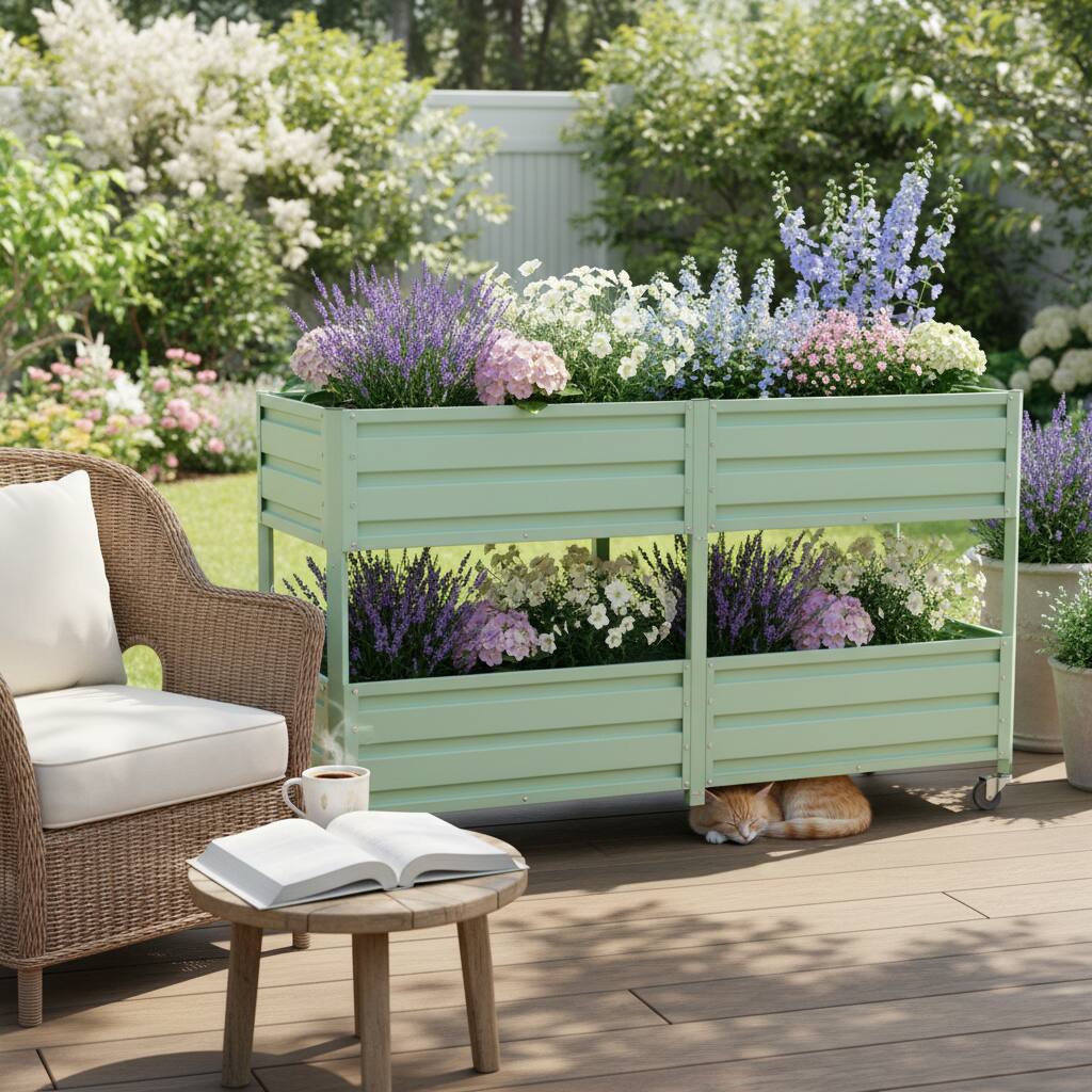 Alt View 5. Loheer - Loheer 2-Tier Elevated Raised Garden Bed Rolling Metal Planter Box with Lockable Wheels Green.