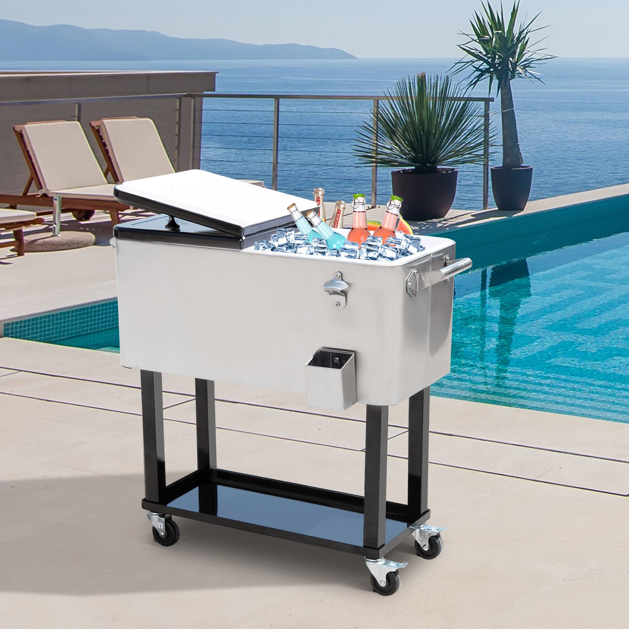 Alt View 1. Outsunny - QT Rolling Cooling Bins Ice Chest on Wheels Outdoor Stand Up Drink Cooler Cart for Party - Silver.