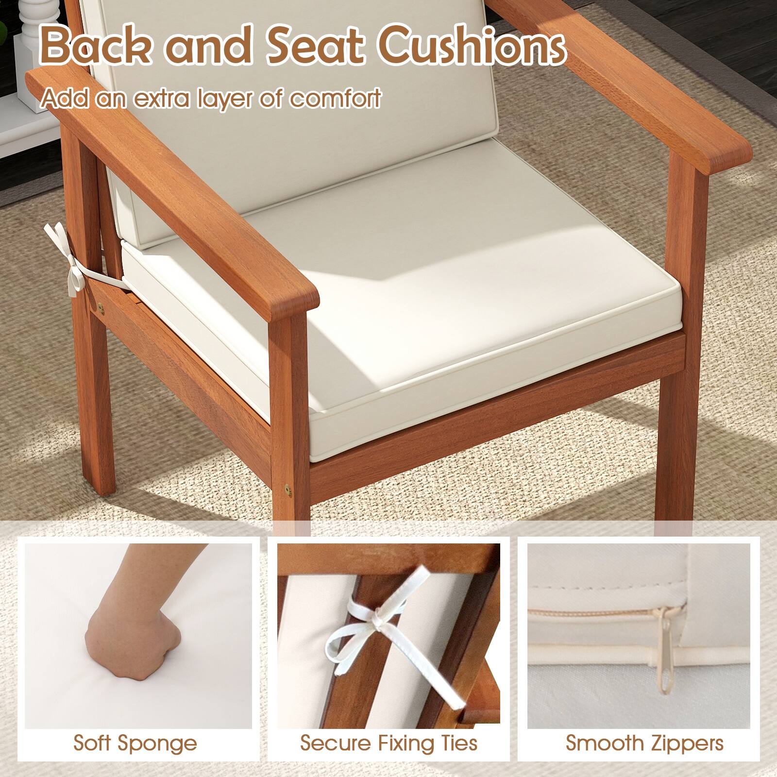 Back and Seat Cushions Add an extra layer of comfort Soft Sponge Secure Fixing Ties Smooth Zippers