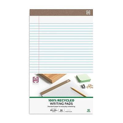 TRU RED  
100% RECYCLED WRITING PADS  
Standard paper for everyday notetaking  
8.5" x 11"  
50 sheets  
12 pads per pack
