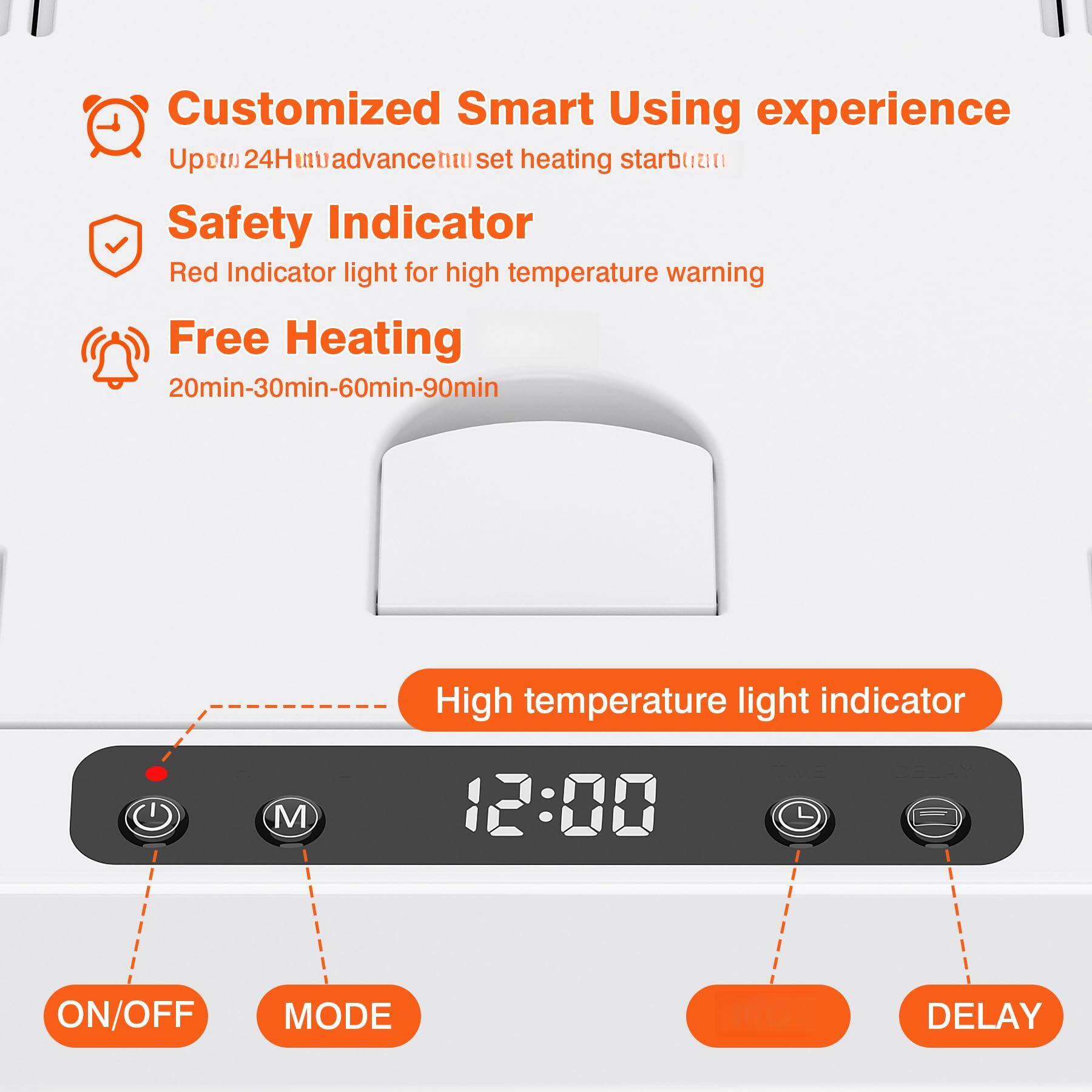 Customized Smart Using experience  
Upot 24H advanced set heating start  

Safety Indicator  
Red Indicator light for high temperature warning  

Free Heating  
20min-30min-60min-90min  

High temperature light indicator  

ON/OFF  
MODE  
DELAY