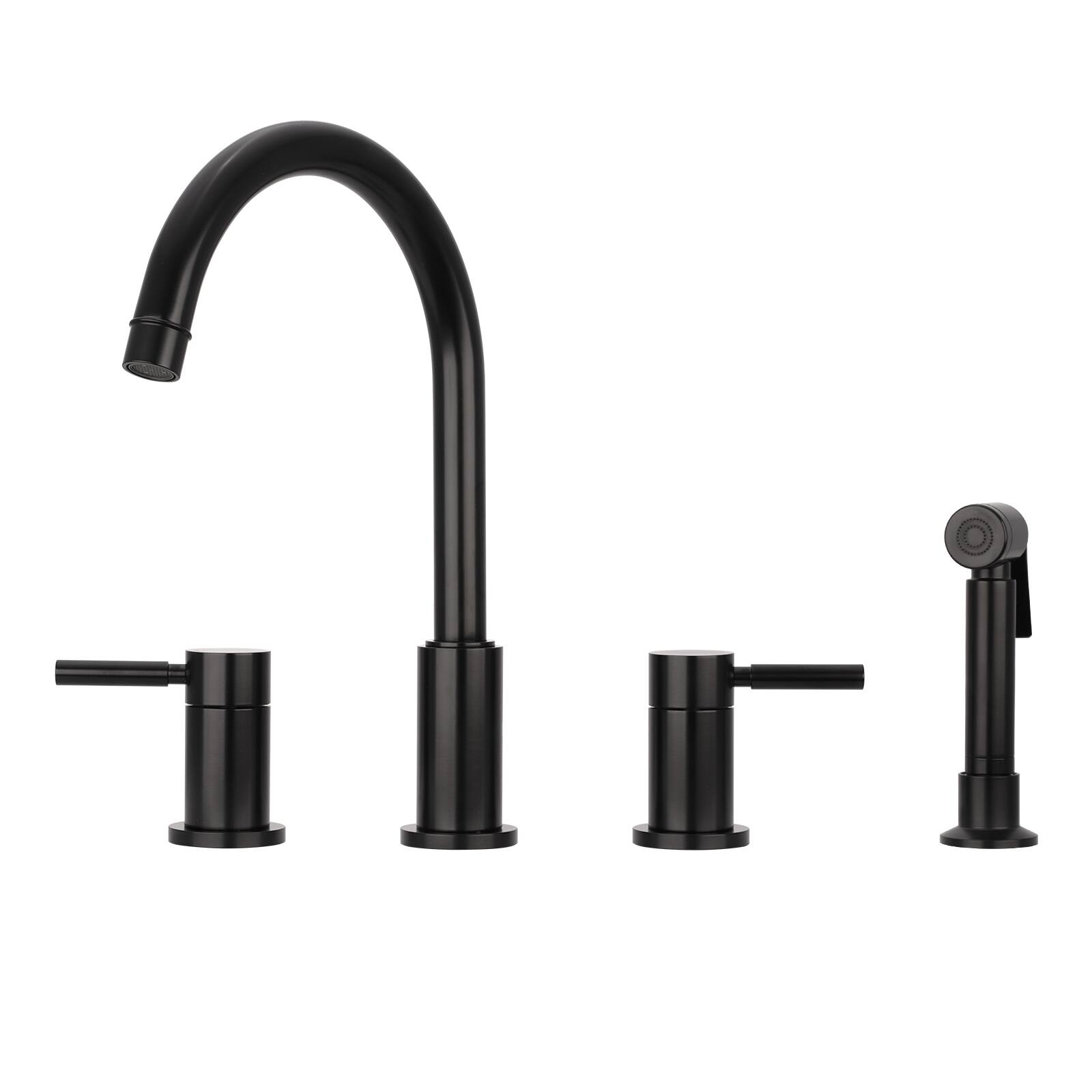Front. Akicon - Akicon Solid Brass Double-Handle 360° Swivel Widespread Kitchen Faucet with Side Sprayer in Matte Black - Matte Black.