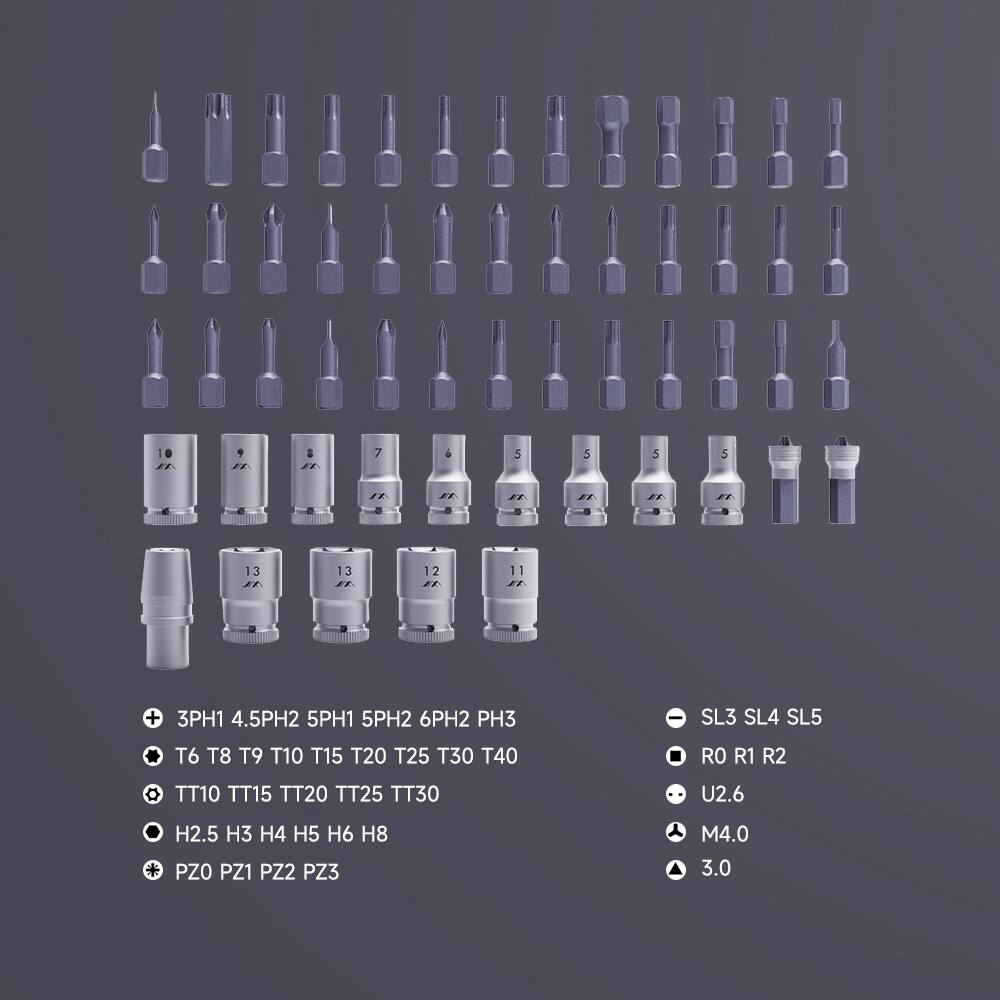 0 1 9 a 7 5 5 5 5  
I7 . . I13 13 12 E 11  
+ 3PH1 4.5PH2 5PH1 5PH2 6PH2 PH3 SL3 SL4 SL5  
T6 T8 T9 T10 T15 T20 T25 T30 T40  
RO R1 R2  
TT10 TT15 TT20 TT25 TT30  
U2.6 H2.5 H3 H4 H5 H6 H8  
PZ0 PZ1 PZ2 PZ3  
M4.0 3.0