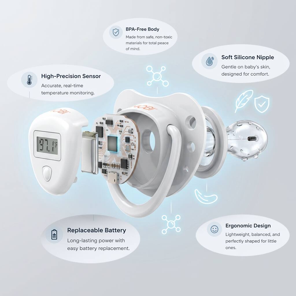 High-Precision Sensor: Accurate, real-time temperature monitoring.  
BPA-Free Body: Made from safe, non-toxic materials for total peace of mind.  
Soft Silicone Nipple: Gentle on baby's skin, designed for comfort.  
Replaceable Battery: Long-lasting power with easy battery replacement.  
Ergonomic Design: Lightweight, balanced, and perfectly shaped for little ones.