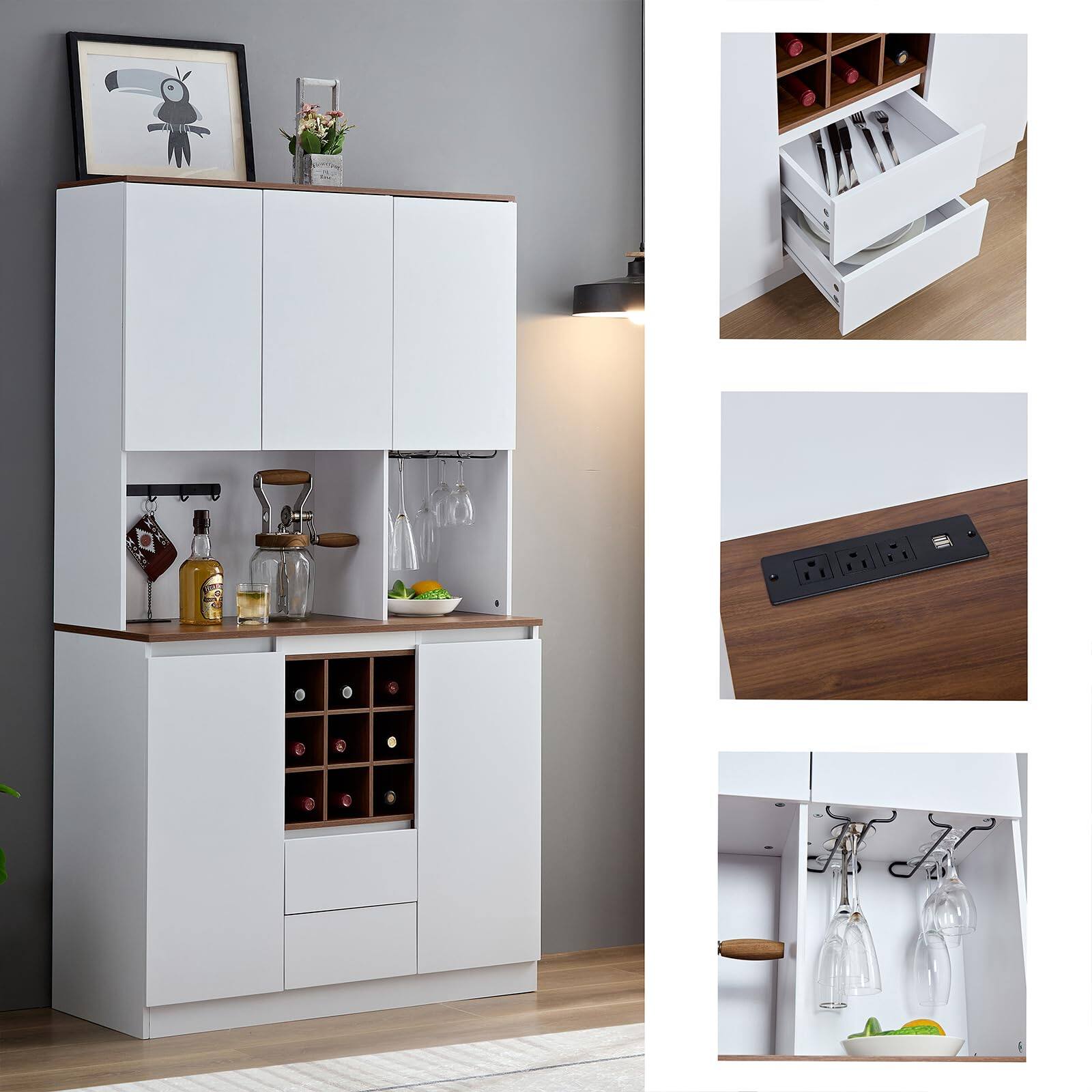 Alt View 5. Ecooso - 68.9" Farmhouse Coffee Bar & Wine Cabinet, Kitchen Buffet with Storage - White.