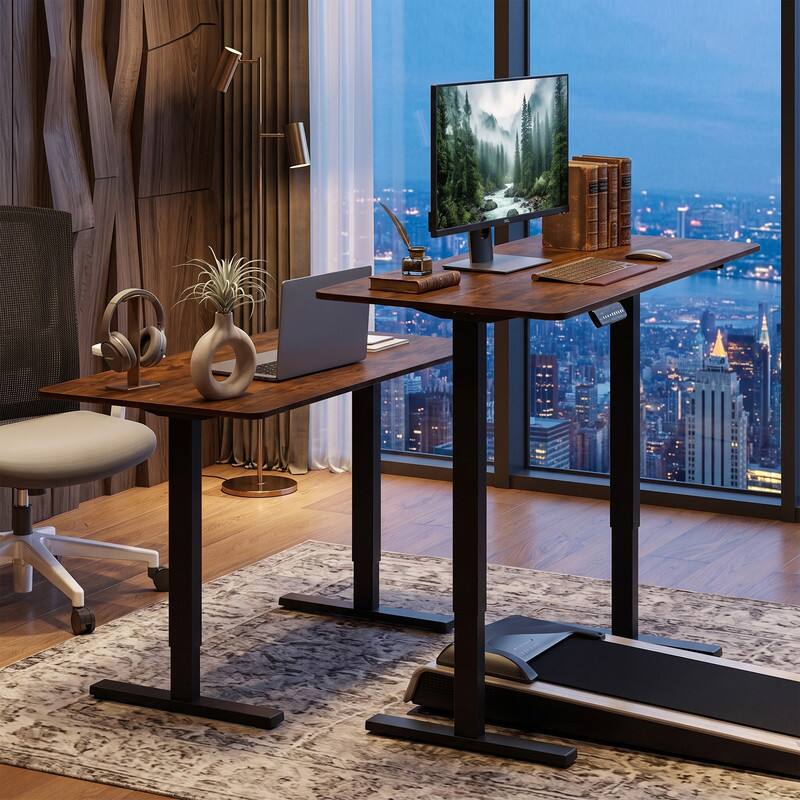 Angle. WELLFOR - 48" Ergonomic Electric Standing Desk with 3 Memory Settings & Hanging Hooks, Adjustable Height Stand up Desk - Rustic Brown.