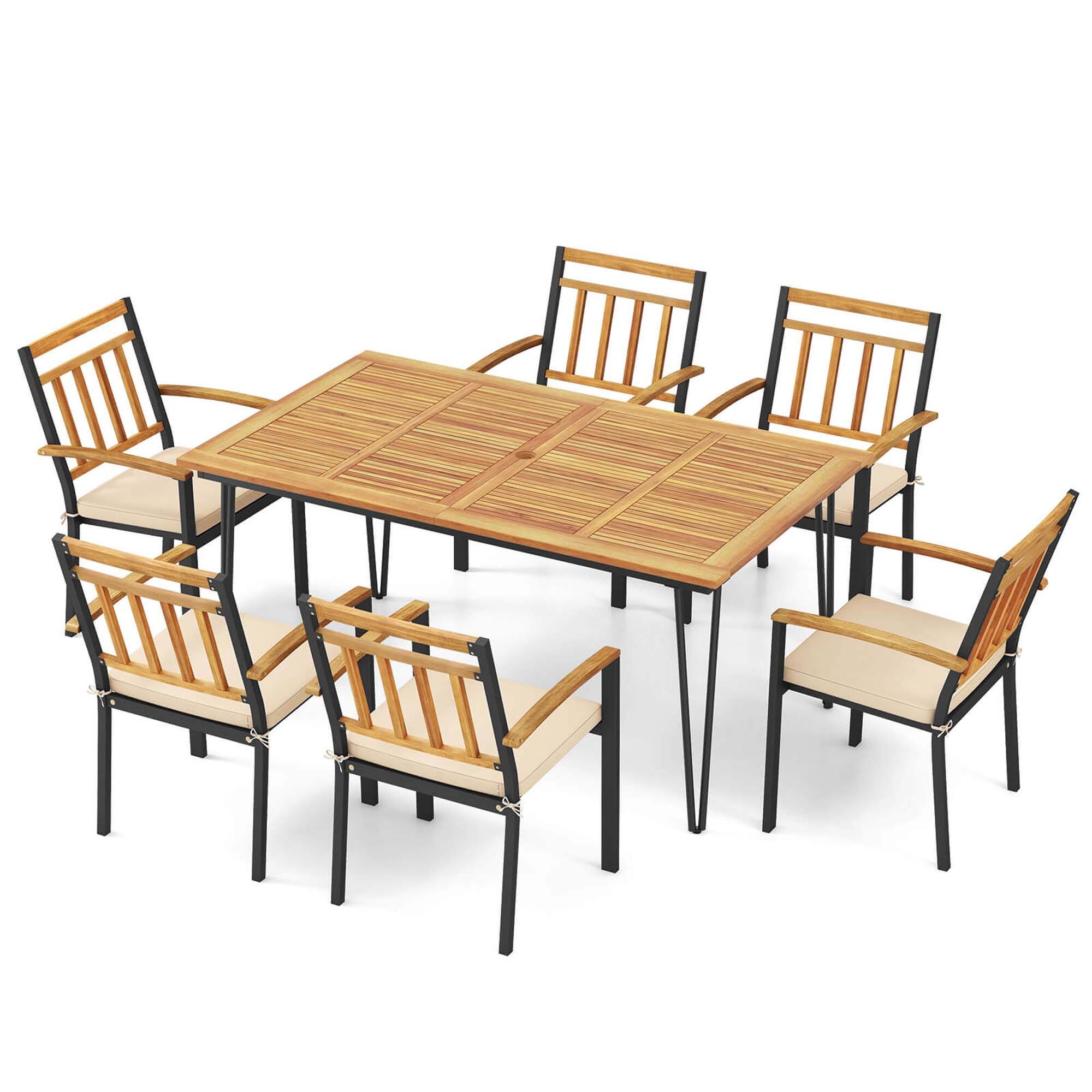 Alt View 6. Costway - 7 PCS Patio Dining Set with Acacia Wood Dining Table Rattan Armchairs Soft Cushions - Natural + Black.