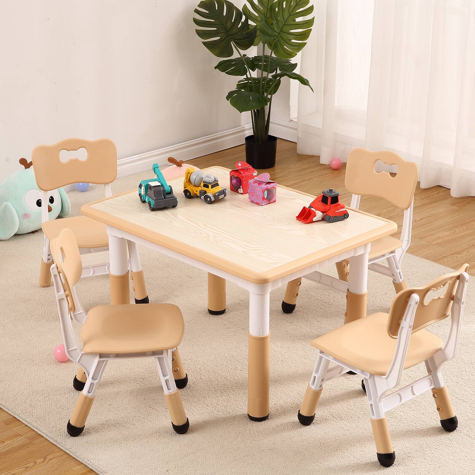 Acekool - Kids Table and Chairs Set, Toddler Height Adjustable Desk with Graffiti Desktop, 4 Seats - Yellow