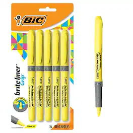 BIC America - BIC Brite Liner Highlighter with Grip, Chisel Tip, 5/Pack - Yellow