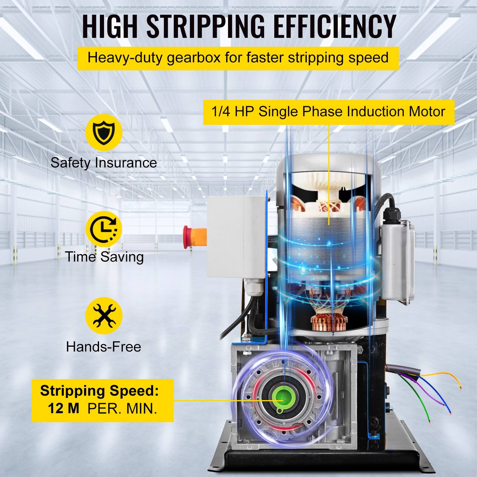 HIGH STRIPPING EFFICIENCY  
Heavy-duty gearbox for faster stripping speed

1/4 HP Single Phase Induction Motor

Safety Insurance

Time Saving

Hands-Free

Stripping Speed: 12 M PER. MIN.