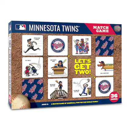 MINNESOTA TWINS MATCH GAME
LET'S GET TWO!
- STEALING A BASE
- FLY BALL
- BATTER'S BOX
- ON DECK BATTER
- CLEAN UP HITTER
- FARM TEAM
- BALLPARK DOG
36 CARDS
A MATCH GAME OF BASEBALL FUN FOR THE WHOLE FAMILY
AGES 3+