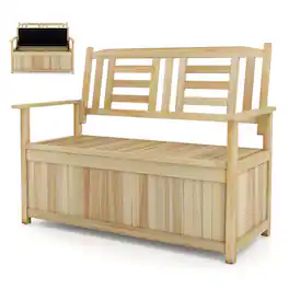 Gymax - Storage Bench Outdoor Solid Wood Deck Box w/Backrest Slatted Seat & Armrests - Yellow