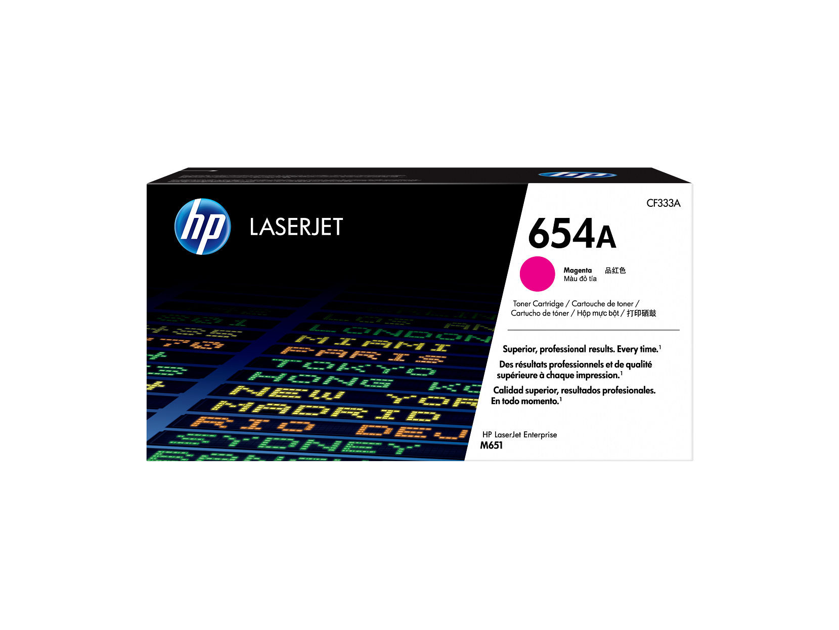 HP LASERJET  
654A  
CF333A  

Magenta  
Mauve do tia  
Toner Cartridge / Cartouche de toner / Cartucho de toner / Hopper muc băt / 品红色 / 打印碳粉  

Superior, professional results. Every time.  
Des résultats professionnels et de qualité supérieure à chaque impression.  
Calidad superior, resultados profesionales.  
En todo momento.  

HP LaserJet Enterprise M651