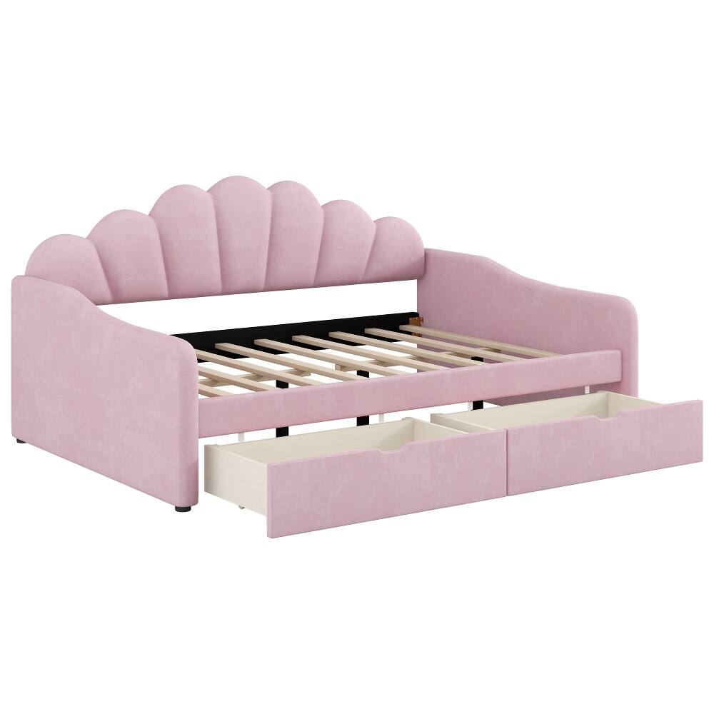 Alt View 9. Loheer - Loheer Full Size Pink Velvet Daybed with 2 Storage Drawers and Shell Shaped Backrest - Pink.