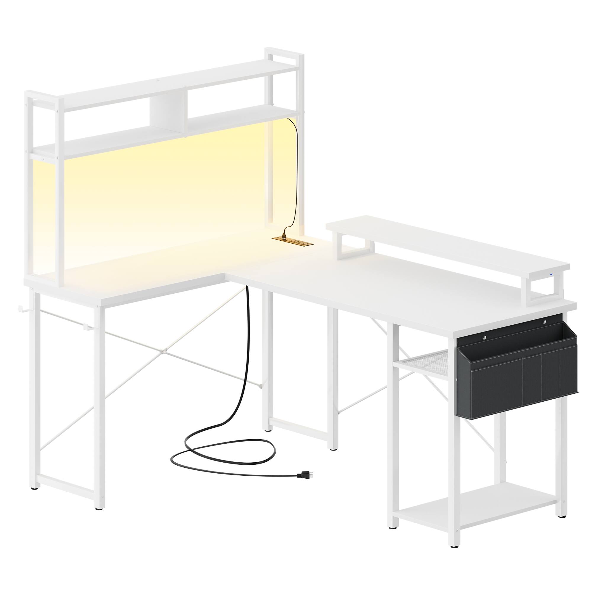 Angle. Aheaplus - Small Reversible L-Shaped Gaming Desk: LED Lights, Power Outlets, Monitor Stand & Storage for Home Office Corner - White.