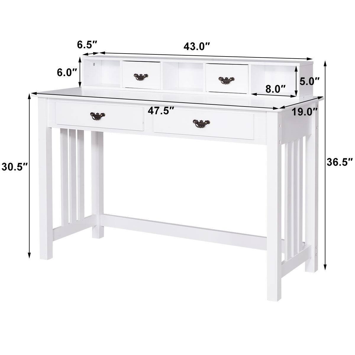 Width: 47.5", Depth: 30.5", Height: 36.5", Drawer width: 8.0", Drawer height: 6.0", Overall width: 43.0", Overall height: 19.0", Overall depth: 6.5"