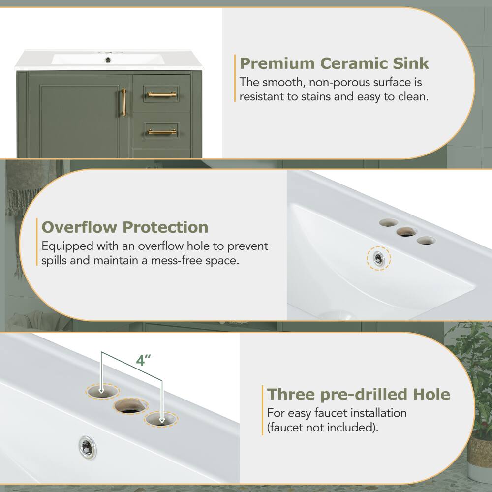 Premium Ceramic Sink  
The smooth, non-porous surface is resistant to stains and easy to clean.  

Overflow Protection  
Equipped with an overflow hole to prevent spills and maintain a mess-free space.  

4" Three pre-drilled Hole  
For easy faucet installation (faucet not included).