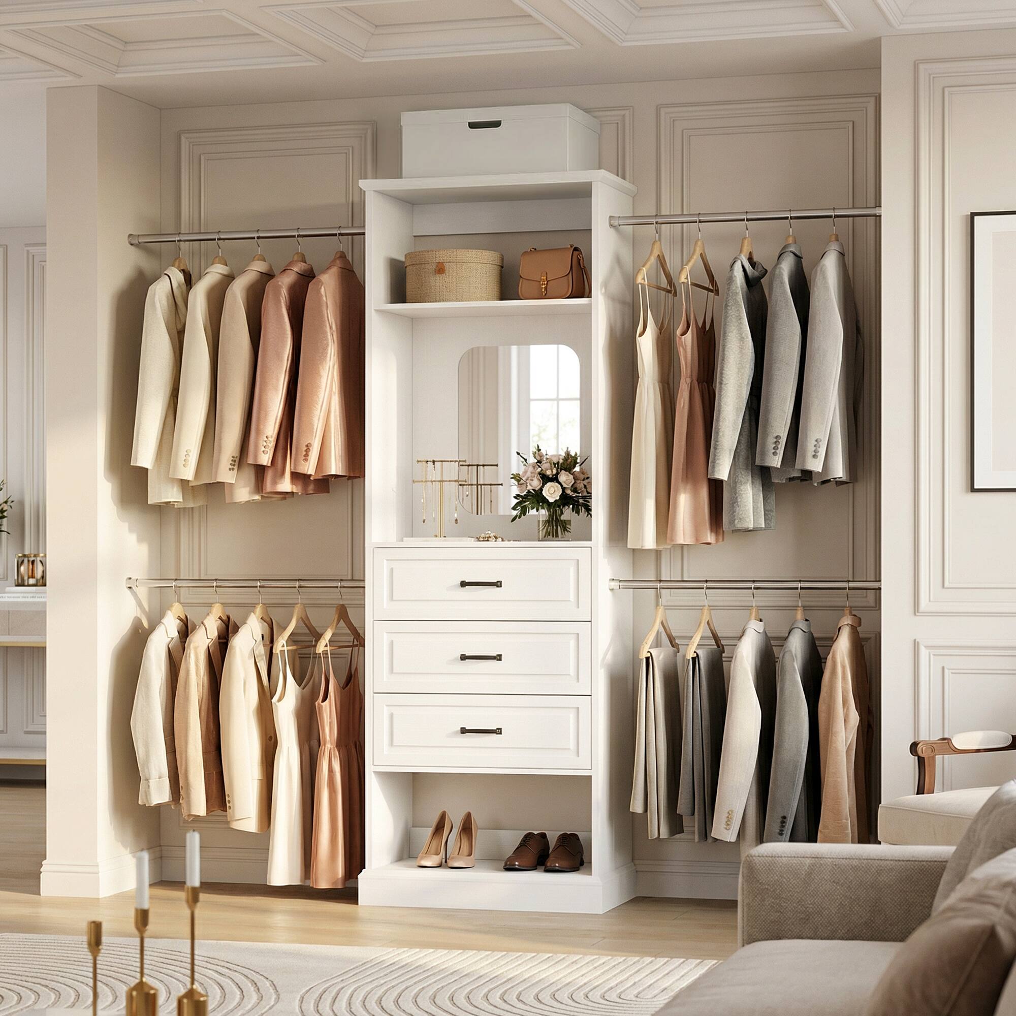 Alt View 3. Aheaplus - 26'' - 110'' W Adjustable Closet Organizer System with 3 Drawers, 4 Retractable Hanging Rods and Mirror - White.
