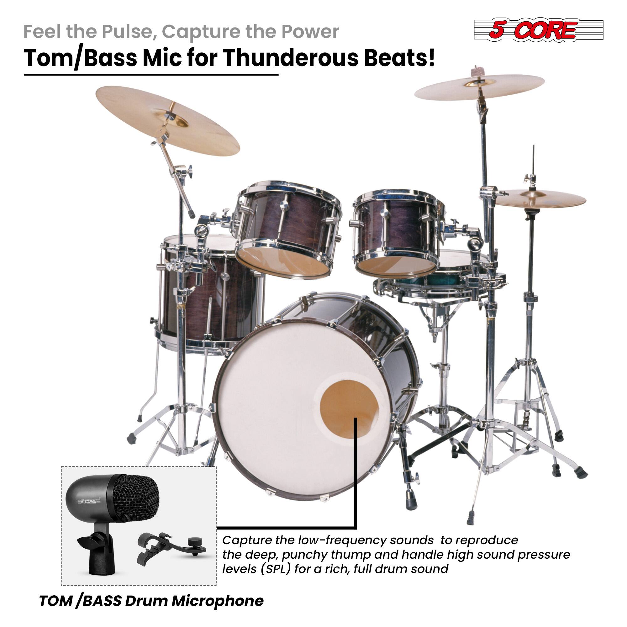 Feel the Pulse, Capture the Power  
Tom/Bass Mic for Thunderous Beats!  

5 CORE  

Capture the low-frequency sounds to reproduce the deep, punchy thump and handle high sound pressure levels (SPL) for a rich, full drum sound  

TOM / BASS Drum Microphone