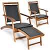 Front. Costway - 2PCS Patio Folding Rattan Lounge Chair Wood Frame Retractable Footrest - Mix Brown.