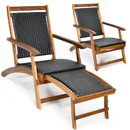 Costway - 2PCS Patio Folding Rattan Lounge Chair Wood Frame Retractable Footrest - Mix Brown