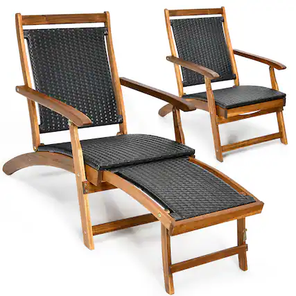 Front. Costway - 2PCS Patio Folding Rattan Lounge Chair Wood Frame Retractable Footrest - Mix Brown.