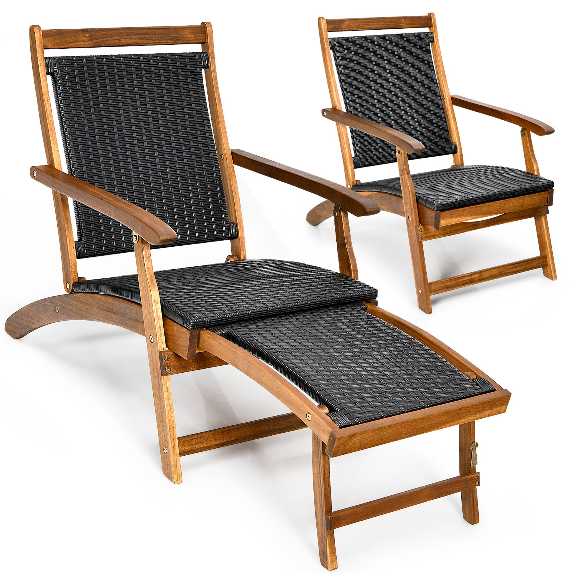 Front. Costway - 2PCS Patio Folding Rattan Lounge Chair Wood Frame Retractable Footrest - Mix Brown.