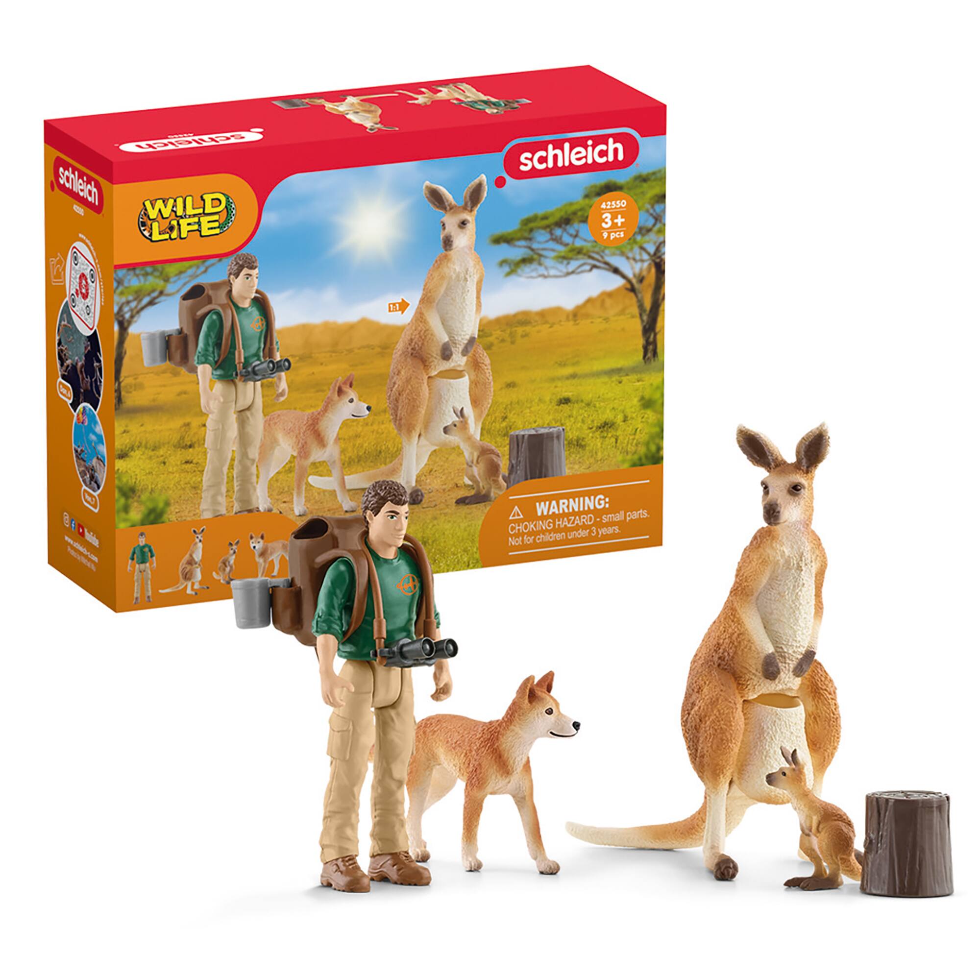 The image features a box of Schleich Wild Life toys, which include a man, a dog, and a kangaroo. The box is designed for children aged 3+ and contains small parts that may pose a choking hazard. The toys are not suitable for children under 1 year of age.