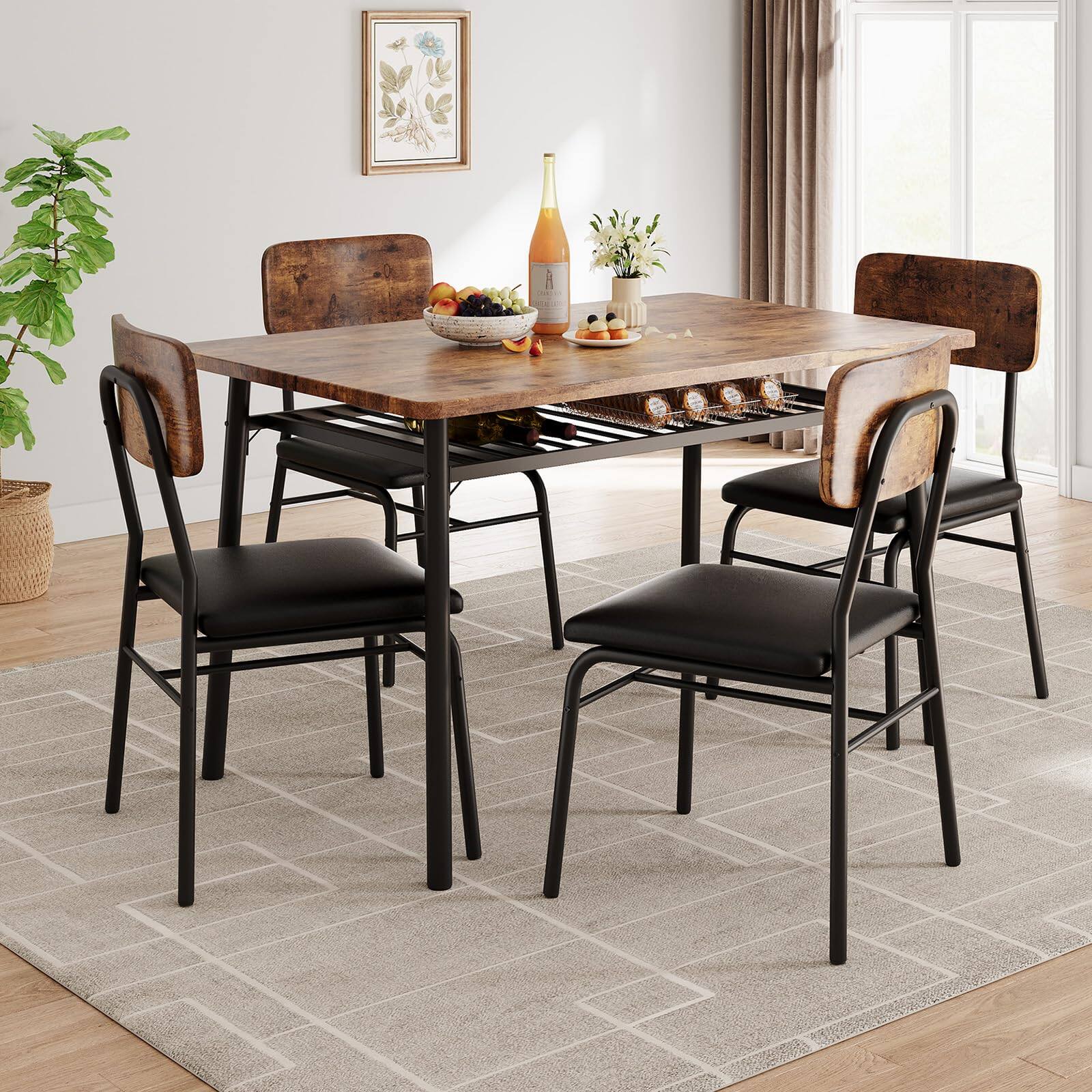 Front. Homhougo - Dining Table Set for 4 with Storage Rack, 5-Piece Kitchen Table and Upholstered Chairs of 4, Tabletop & Heavy-Duty - Brown.