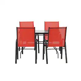 Emma + Oliver - Bartlett 5 Piece Outdoor Dining Set with Tempered Glass Top Patio Table and 4 Flex Comfort Textilene Stacking Chairs - Red