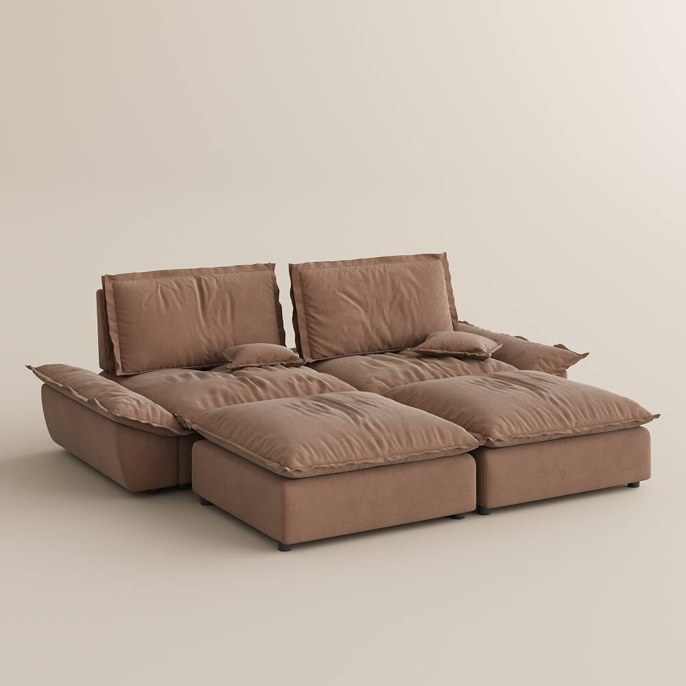 Alt View 8. POVISON - Modern Beige Sleeper Sofa with 2 Ottomans - Brown Suede Fabric.