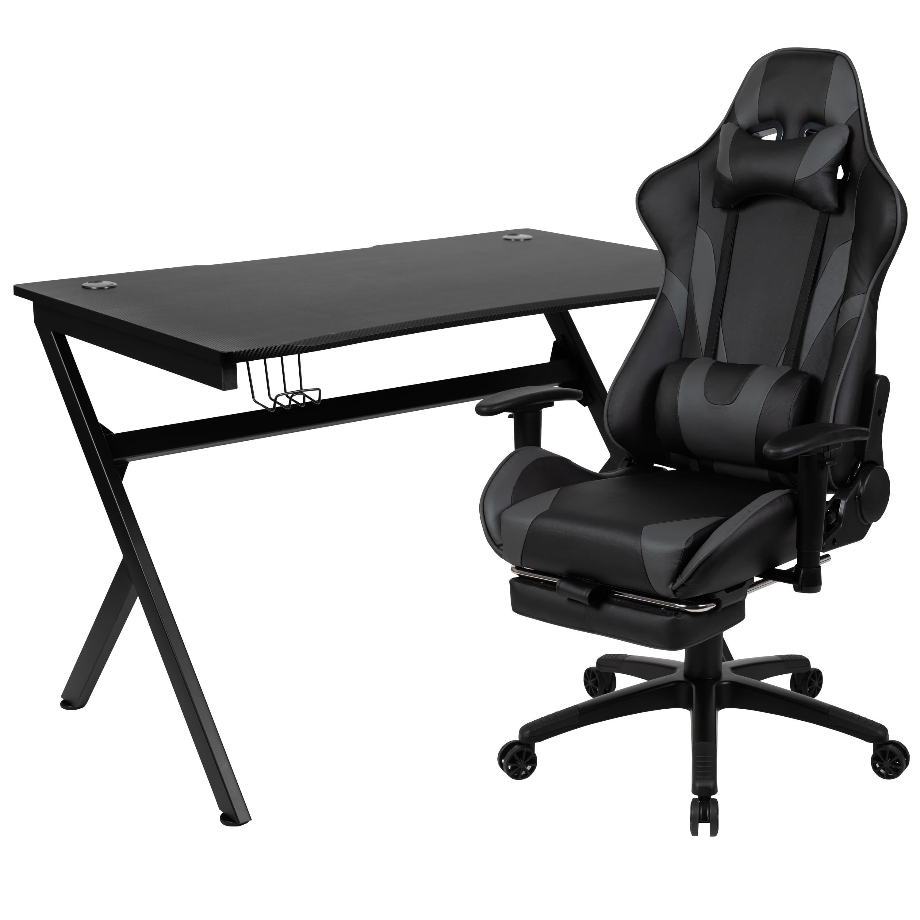 Emma + Oliver - Gaming Desk Set - Cup/Headset Holder/Reclining & Footrest - Gray