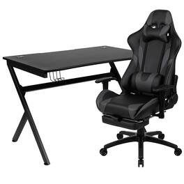 Emma + Oliver - Gaming Desk Set - Cup/Headset Holder/Reclining & Footrest - Gray