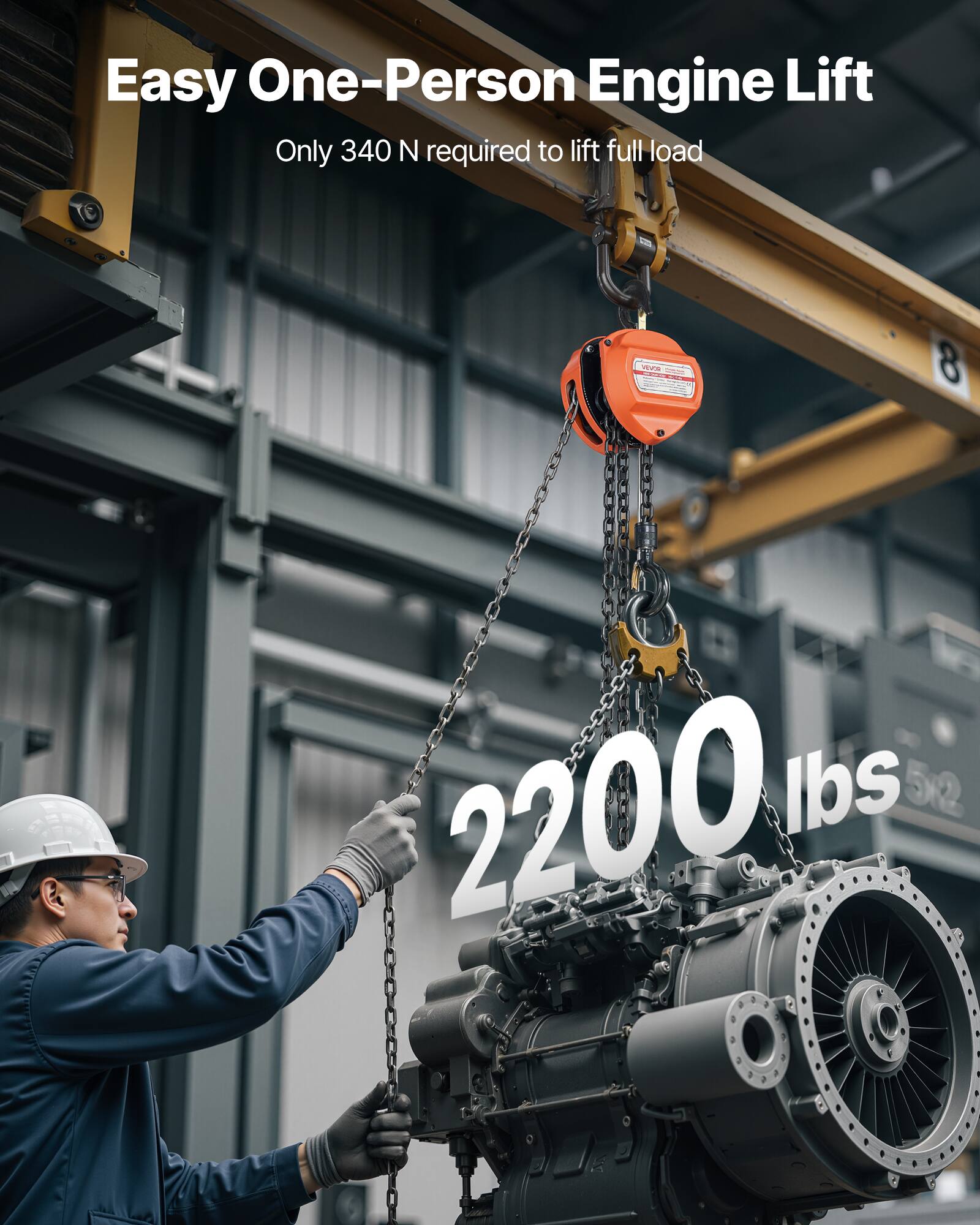 Easy One-Person Engine Lift  
Only 340 N required to lift full load  
2200 lbs