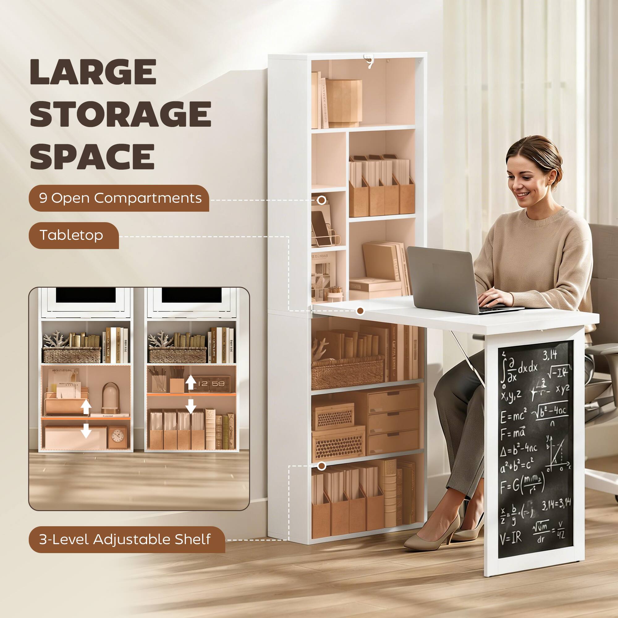 LARGE STORAGE SPACE  
9 Open Compartments  
Tabletop  
3-Level Adjustable Shelf