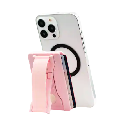 The text on the image reads "LOVEHANDLE" twice, which suggests that the product is a Love Handle case for a cell phone. The case is pink and white, and it is designed to hold a cell phone securely. The case is placed next to a white cell phone, which is also a part of the product display.