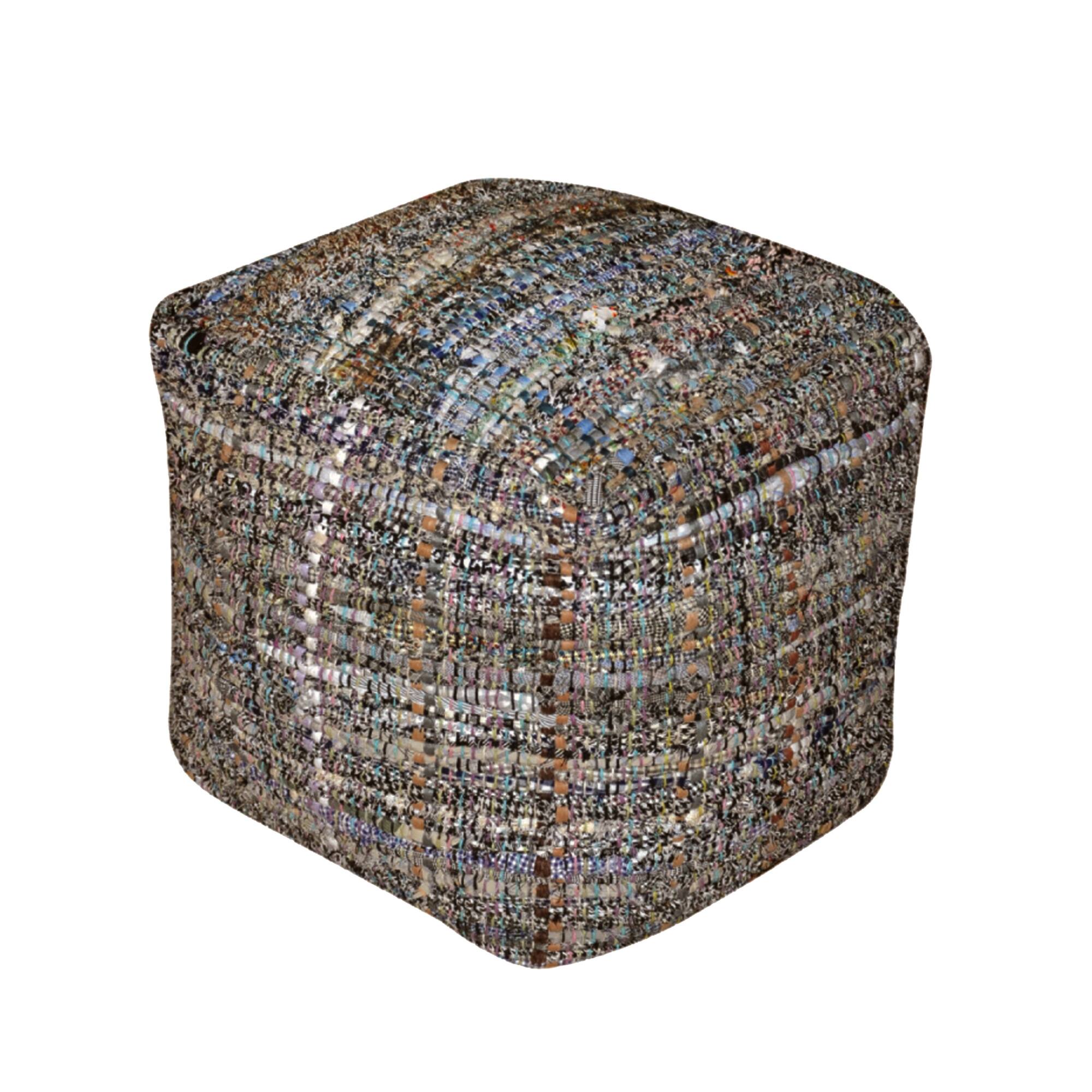 Angle. GOODSILO - Handcrafted Fabric Pouf Ottoman with Multicolor Braided Design, Sturdy and Stylish Seating Solution - Khaki.
